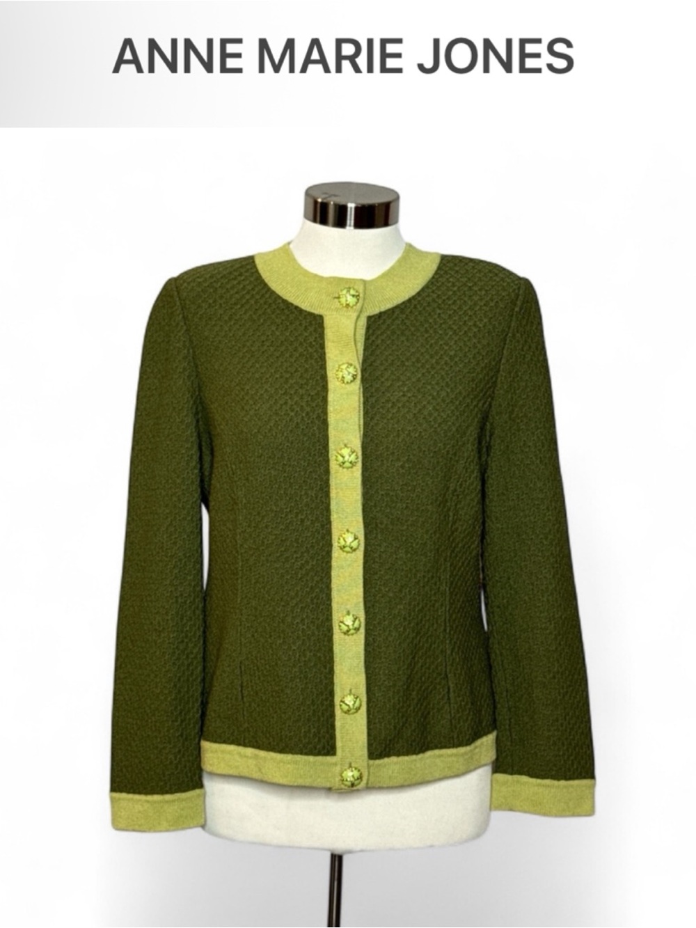 VINTAGE 1960s ANNE MARIE JONES OLIVE GREEN TEXTURED KNIT CARDIGAN SIZE 10